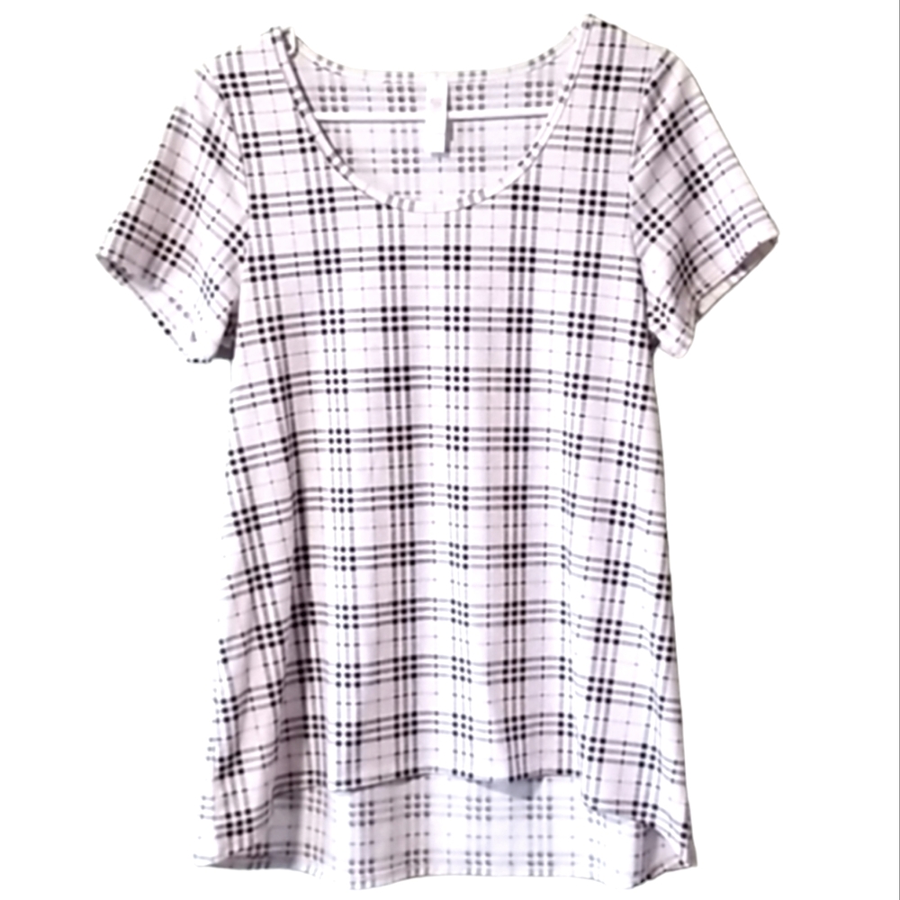 LuLaRoe classic tee high/ low tunic short sleeve white plaid scoop neck small